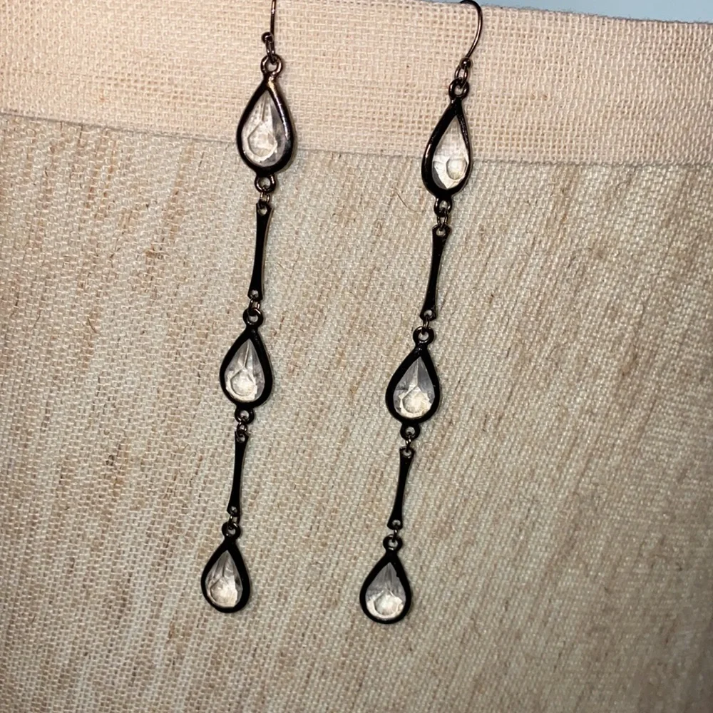 4” drop dangle earrings dark silver metal & clear crystal jewels 3 tier hanging - Picture 5 of 5